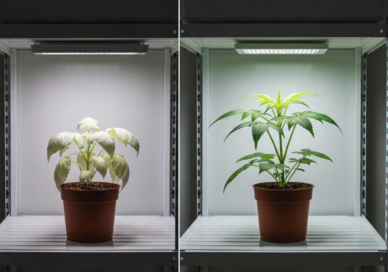Indoor plants under a grow light: one droopy when light is too far, one healthier after lowering it.