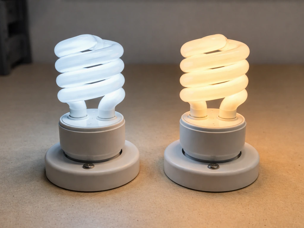 Two side-by-side CFL fixtures showing cool bluish light (6500K) vs warm yellow light (2700K).
