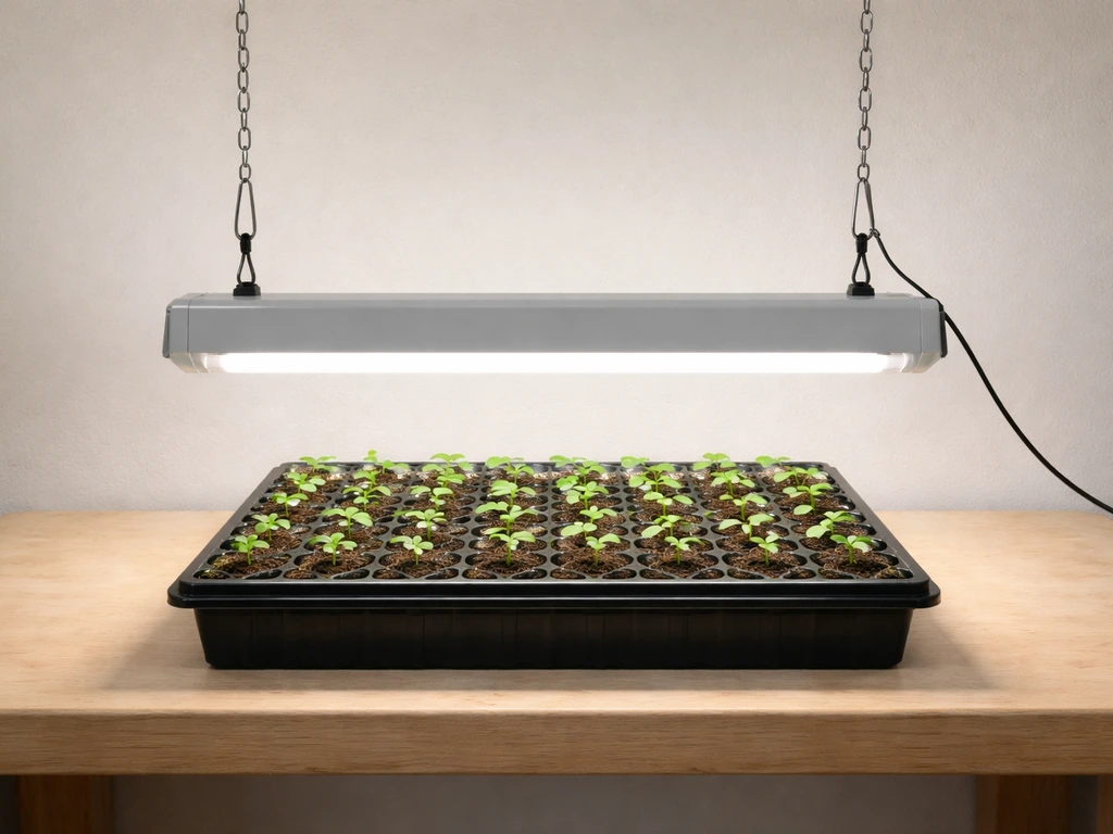 CFL grow light hanging 4–6 inches above seedling tray, showing proper adjustable height