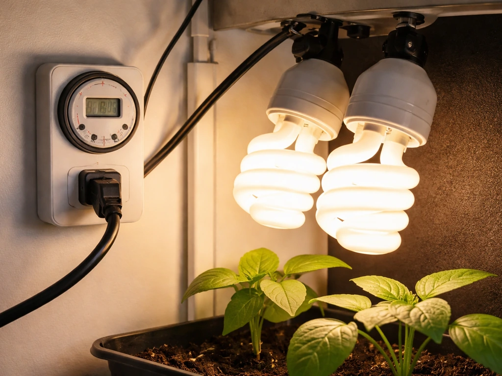 In-line CFL timer controls grow lights, glowing bulbs and a few seedling leaves in minimal indoor setup.