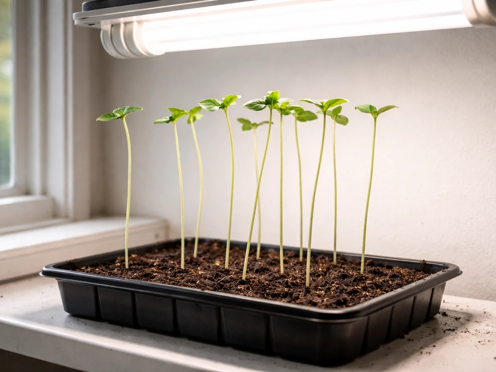 Leggy seedlings under an overhead CFL, light moved closer to reduce stretching.