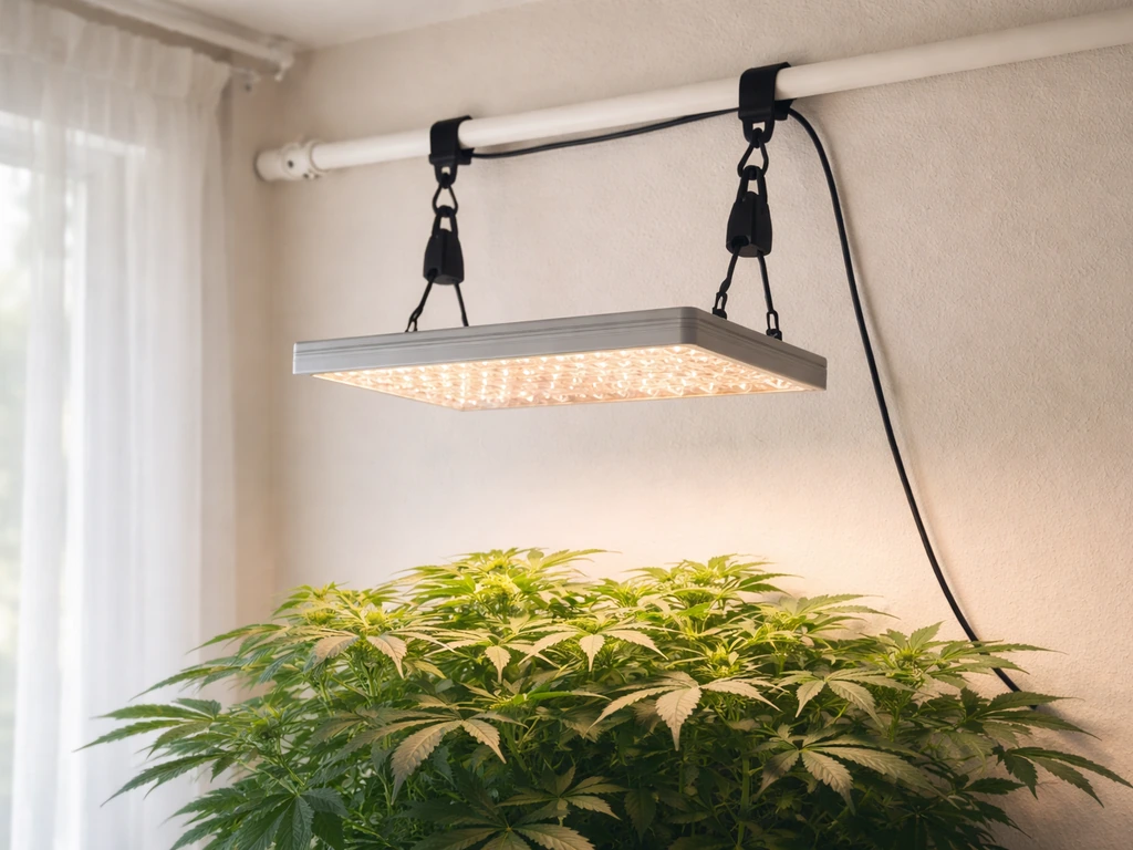 LED grow light panel hanging from a strap/ratchet hanger above leafy plants, with cords neatly routed.