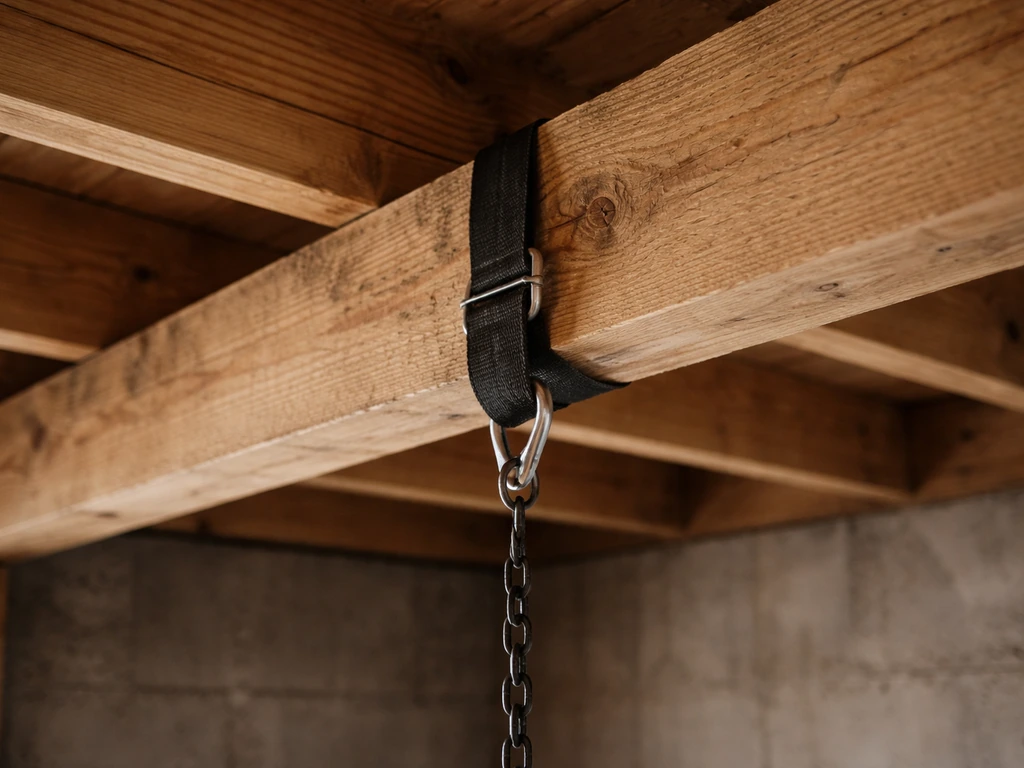 Heavy-duty strap/rafter hook wrapped around exposed ceiling beams, ready to suspend a grow light.