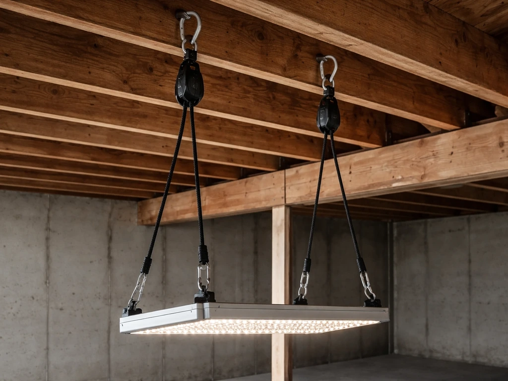 Two ratchet rope hangers secured to wooden ceiling beams holding an LED grow light overhead.