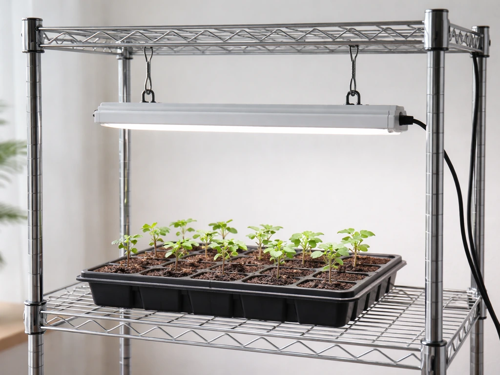 Wire shelving unit with a grow light clipped to a horizontal bar over seedlings in a simple indoor setup.