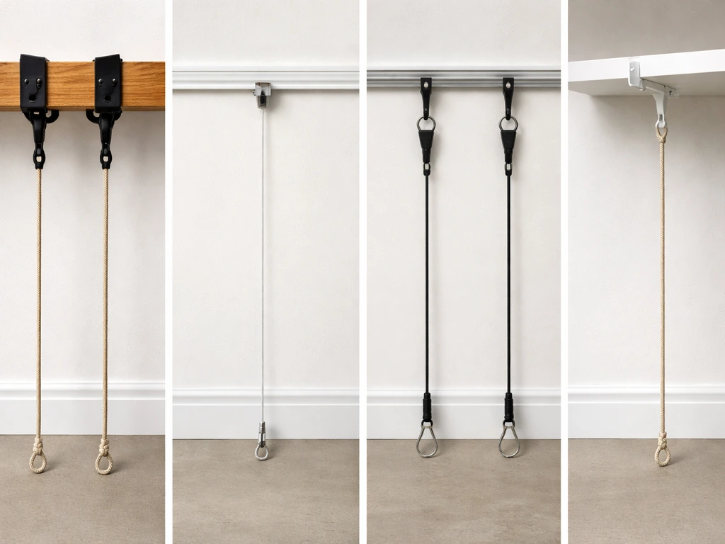 Four no-drill hanging hardware setups displayed side-by-side: strap hooks, rail mount, crossbar, and shelf bracket.