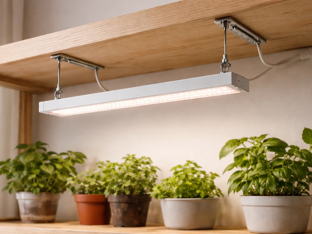 Close-up of a grow light hanging safely under indoor shelves above potted plants with visible mounting hardware.