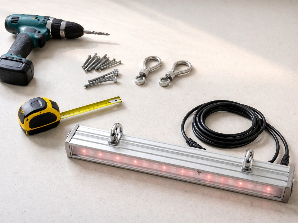 Minimal photo of drill, screws/hooks, carabiners, measuring tape, and an LED grow light ready for shelf mounting.