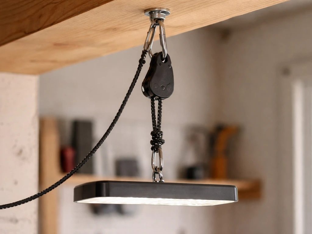 Rope ratchet hanger with carabiner clipped to an eyebolt under a shelf, LED fixture hanging and being height adjusted.