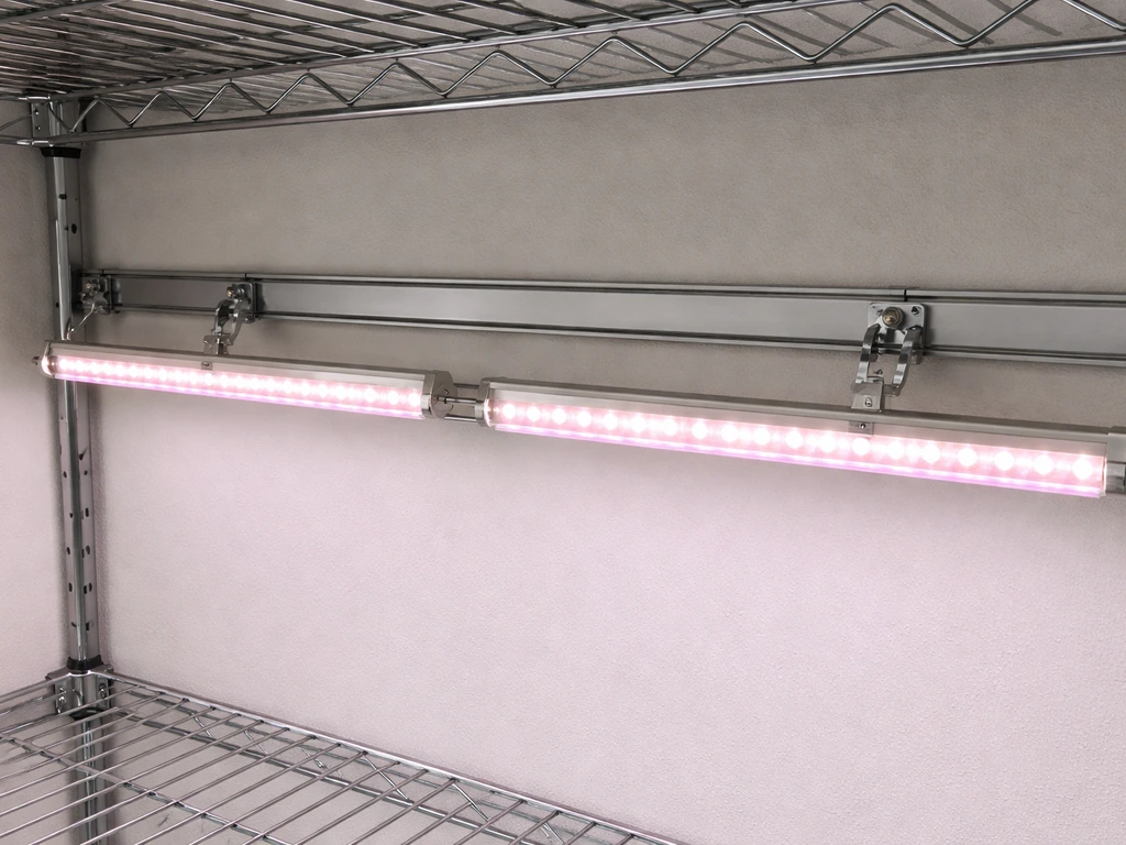 LED grow light strips clipped to a horizontal rail inside a shelf bay