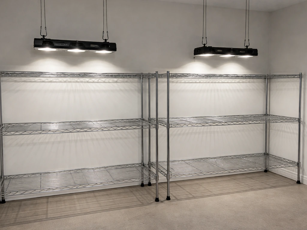 Centered hanging grow light showing overlapping illumination across two indoor shelves.