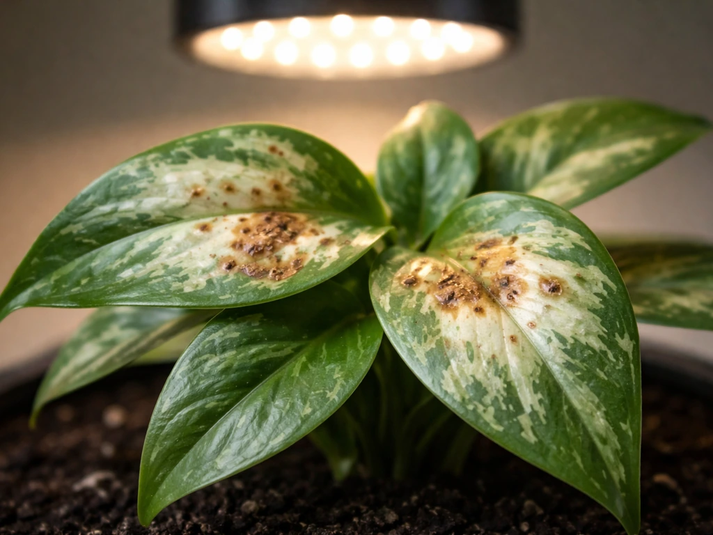 Close-up of plant leaves with bleached and brown burn patches under an overhead grow light fixture.