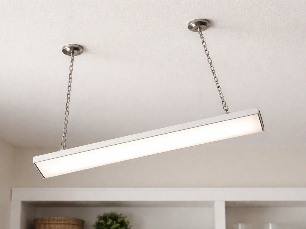 Tilted LED ceiling fixture hanging unevenly, one side lower due to different tension on the supports.