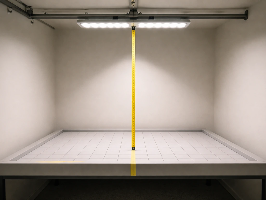 Closeup of a ceiling-mounted LED grow light with measuring tape showing mounting height and distance to canopy.