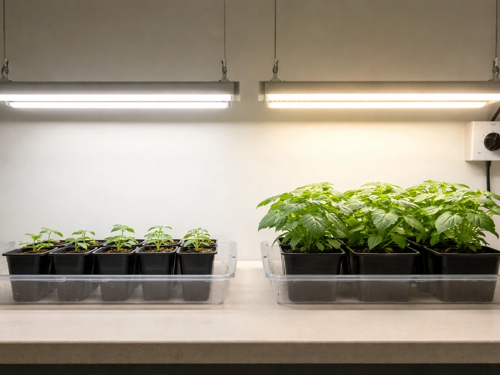 Side-by-side seedlings and mature potted plants under LED lights with different brightness levels at canopy height.