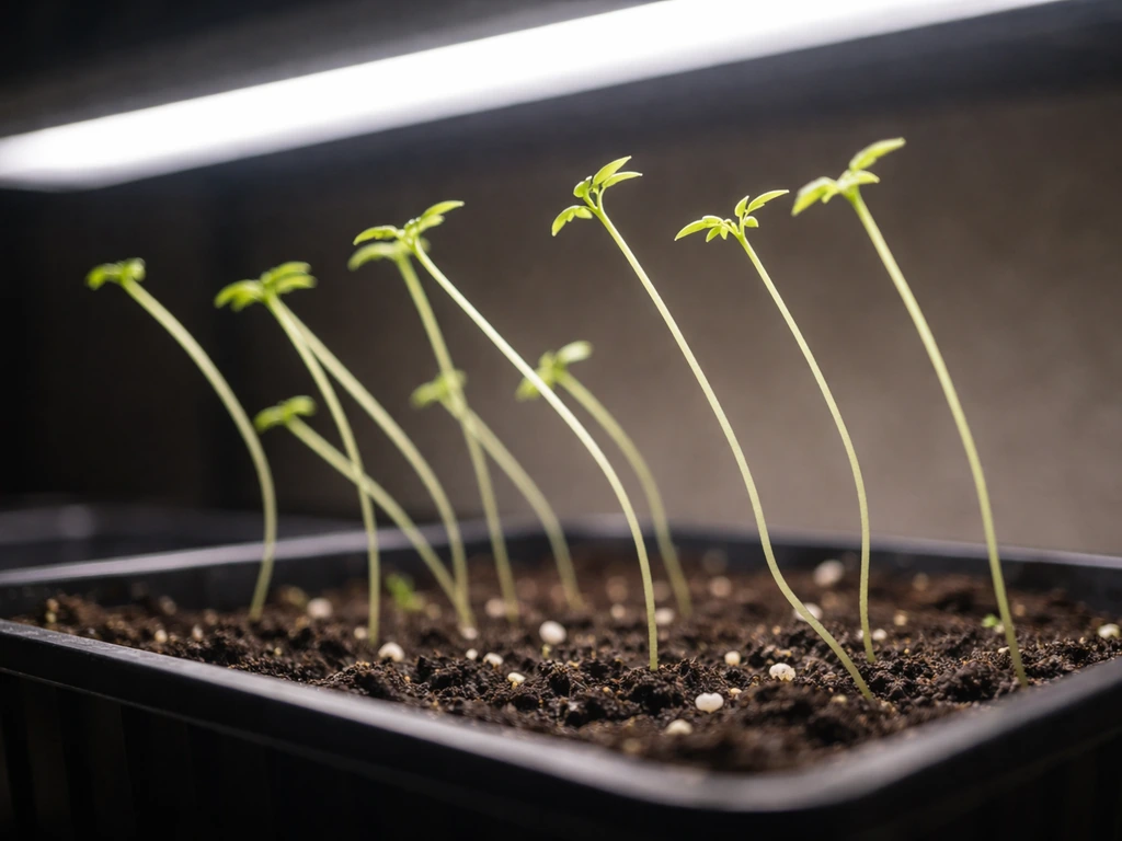 Leggy, pale seedlings stretching toward a grow light, showing weak, stretched growth from insufficient light.