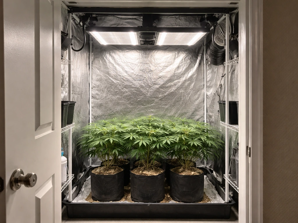 Open closet grow setup with reflective lining, mounted LED lights, and neatly organized plant canopy.