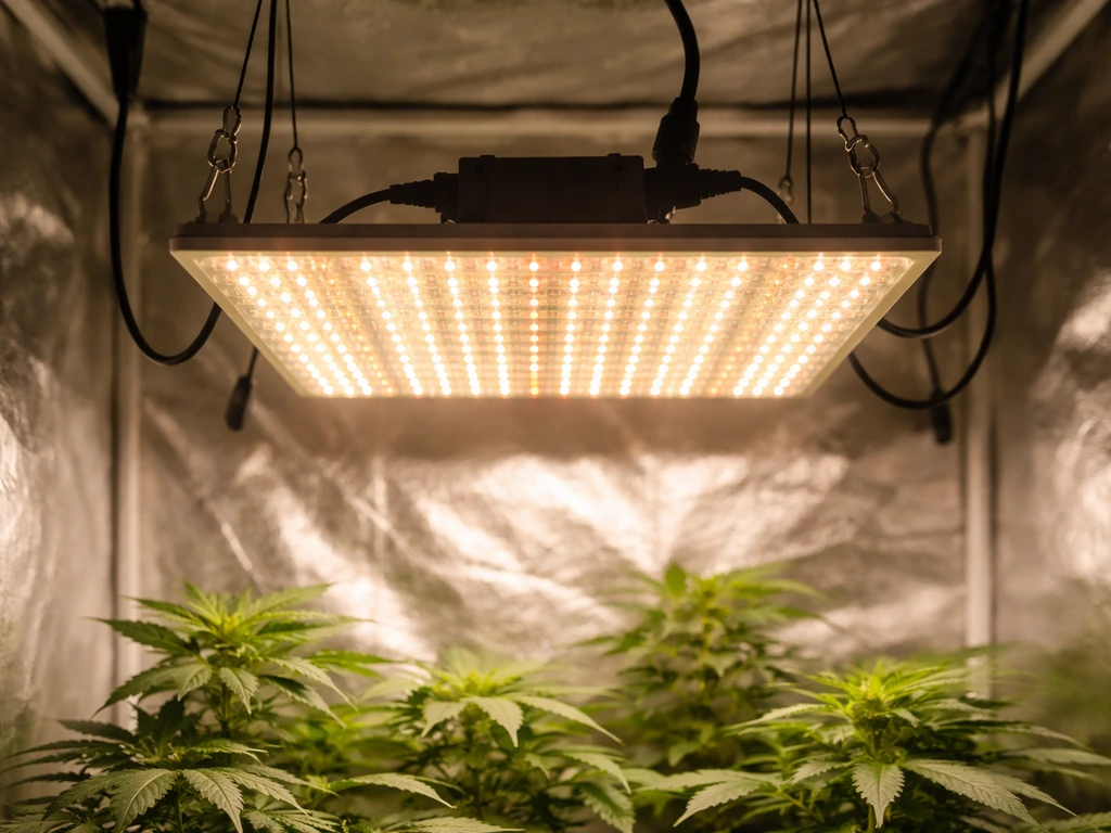 Overhead LED grow light mounted in an indoor grow tent with hanging cables and plants below.