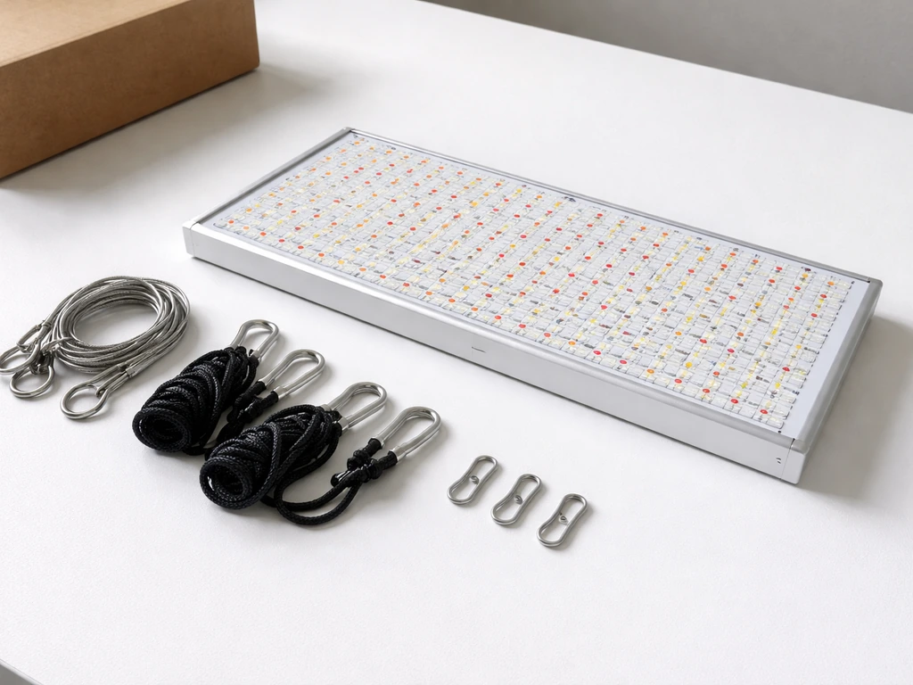 Wakyme-style LED grow light panel unboxed on a clean surface with steel hanging cables and hooks