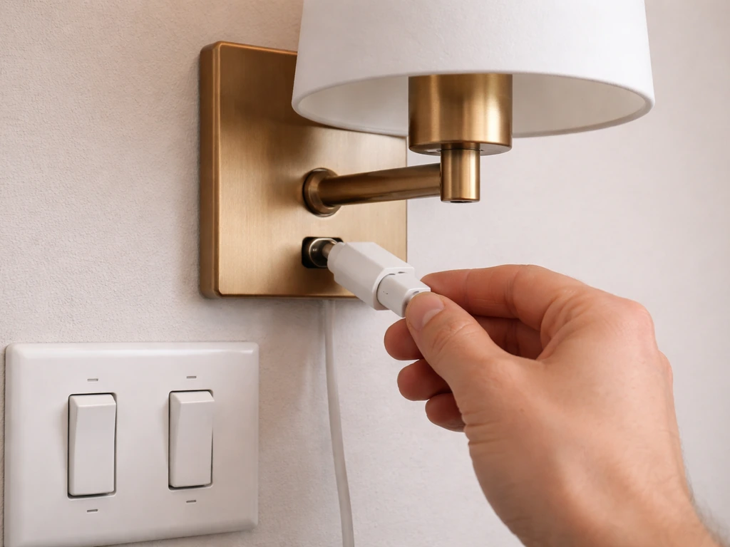 Close-up of a lamp’s power cord being reseated and two rocker switches set to ON.