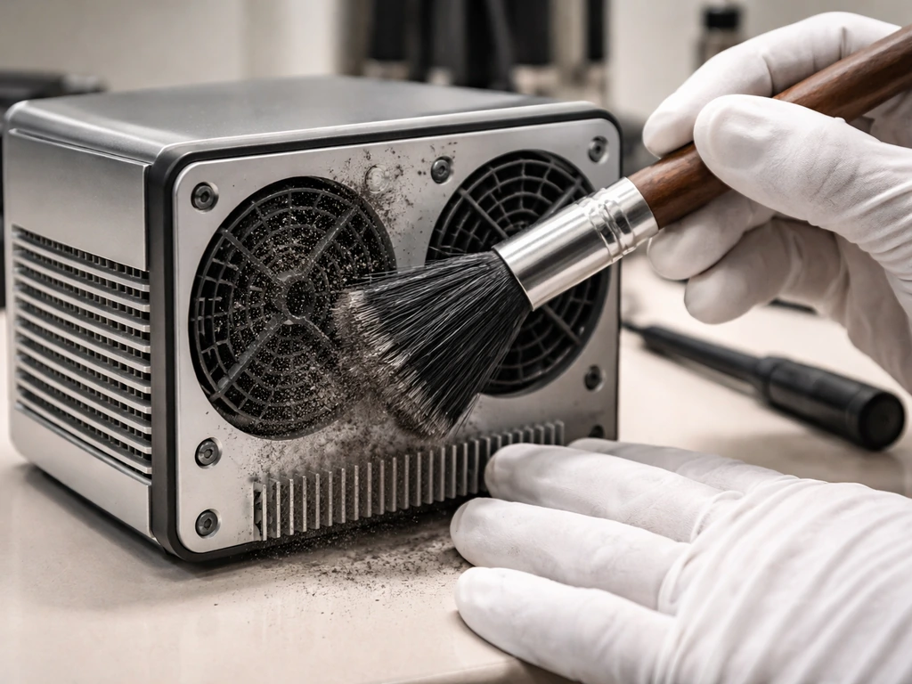 Close-up of a small electronic device with fans and aluminum heatsink being cleaned off dust