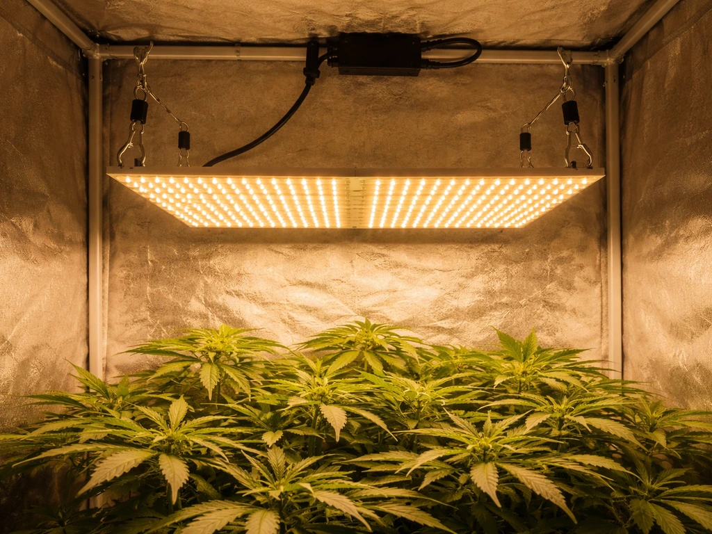 DIY quantum board grow light hanging above a plant canopy inside a grow tent, with neat wiring.