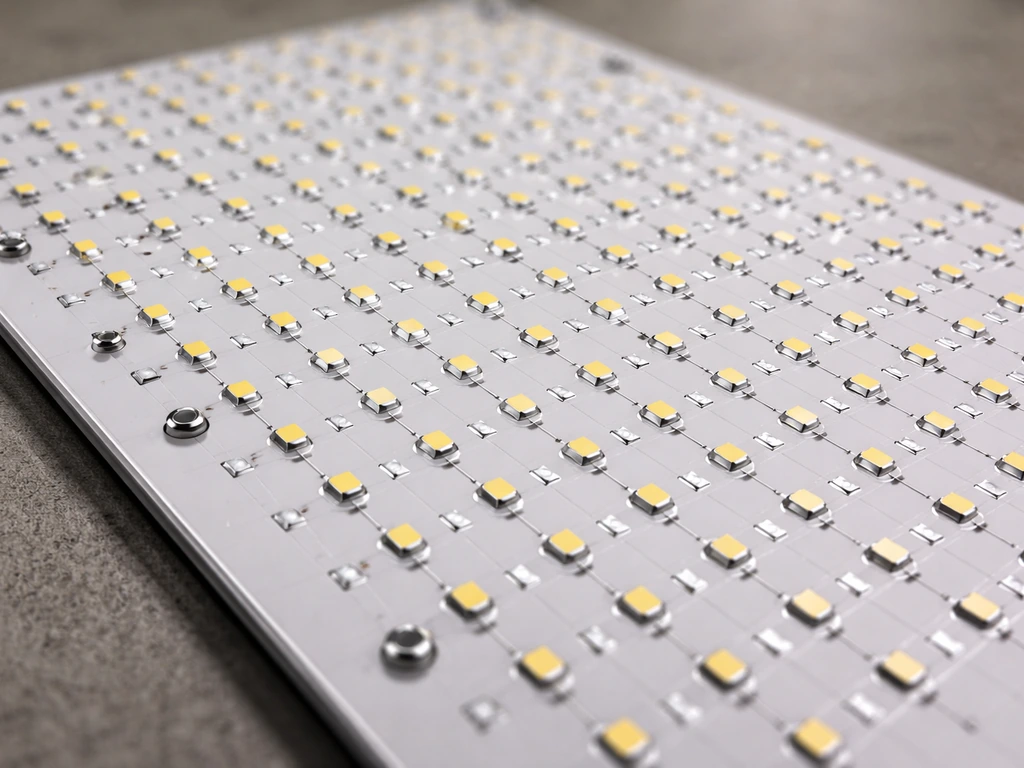 Macro close-up of an LED quantum board PCB on an aluminum-backed grow light surface.