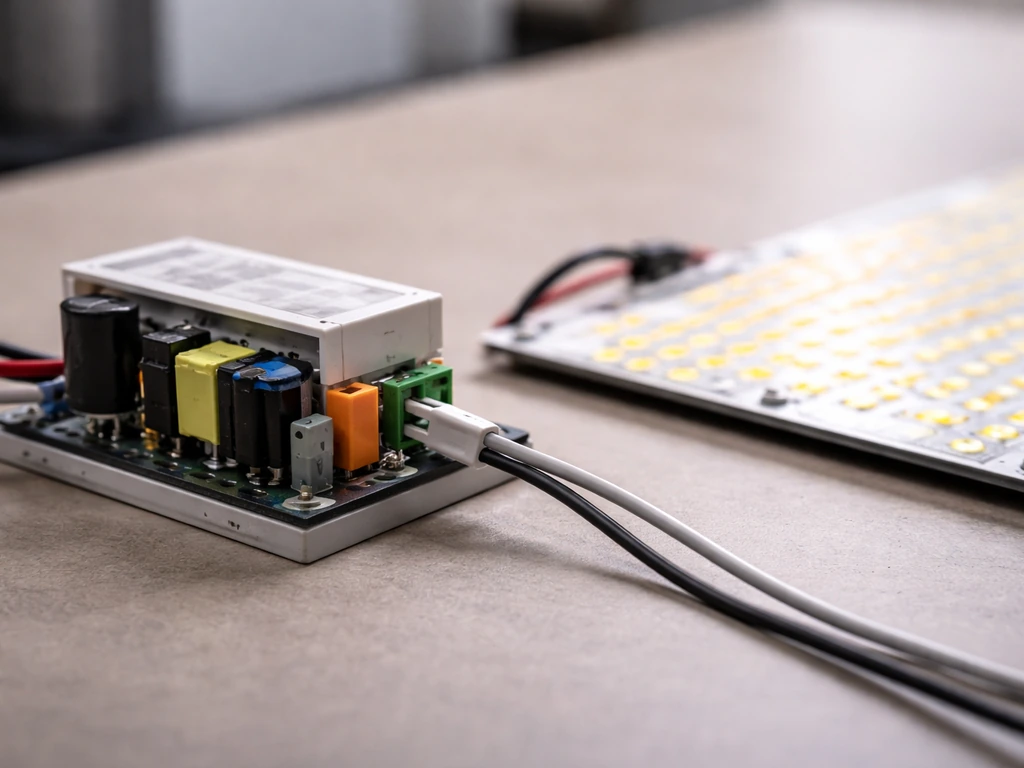 Close-up of an LED quantum board driver setup with constant-current control and 0–10V dimming leads connected