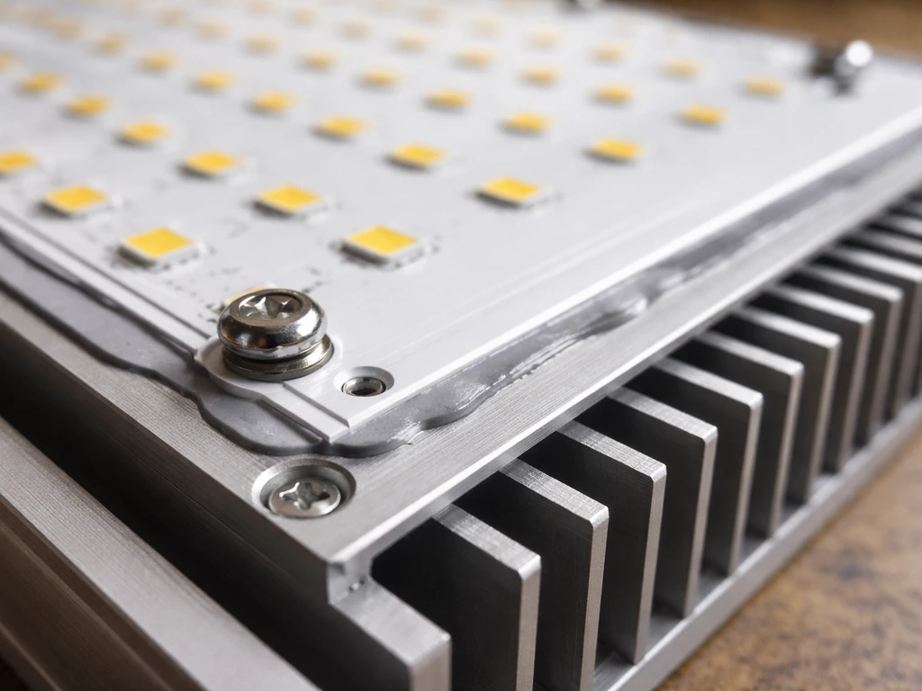 Close-up of an LED quantum board mounted on a heatsink with thermal interface pads and screws