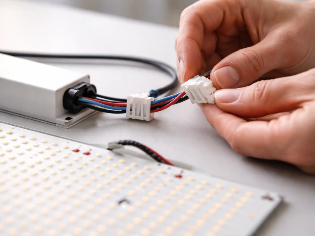 Close-up of LED grow board wiring neatly connected to a driver with strain relief in a simple workspace.
