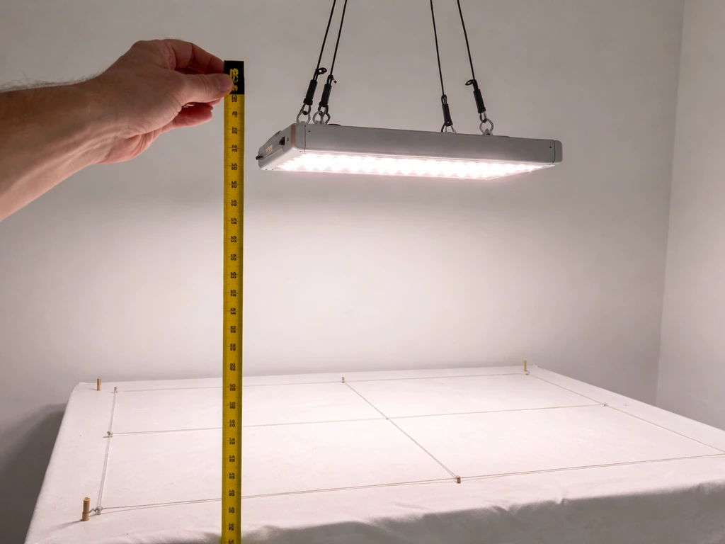 Hand measuring hanging height above a grow light using a tape measure over a simple grid layout