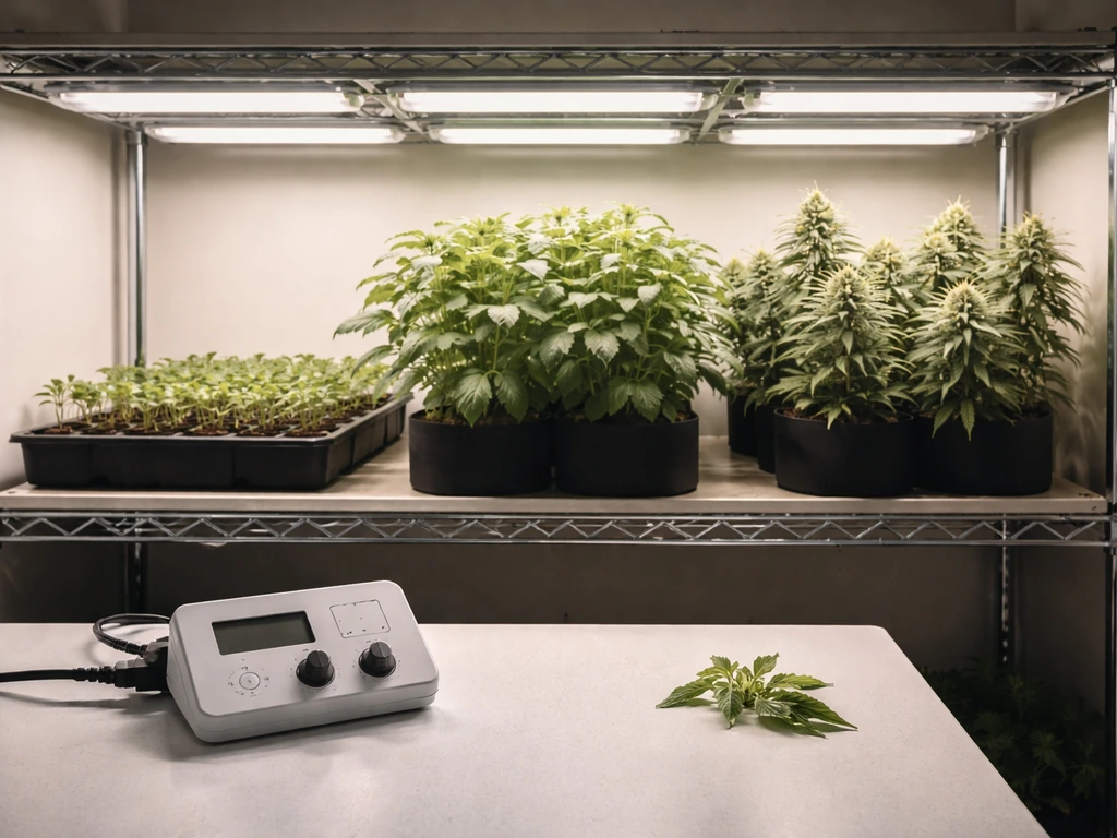 Indoor grow shelf showing seedlings, vegetative plants, and flowering plants beside a blank light timer.