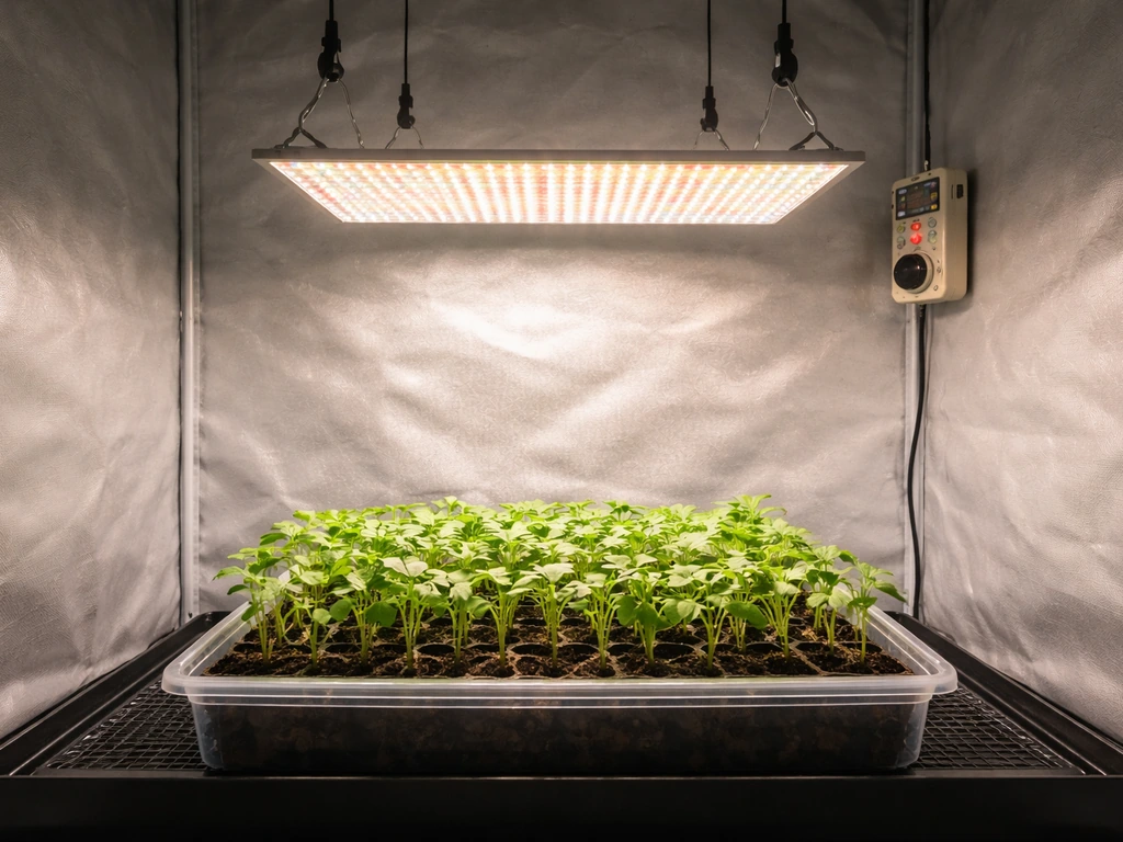 Full-spectrum LED grow light hanging over a tray of seedlings in a grow tent with a glowing controller.