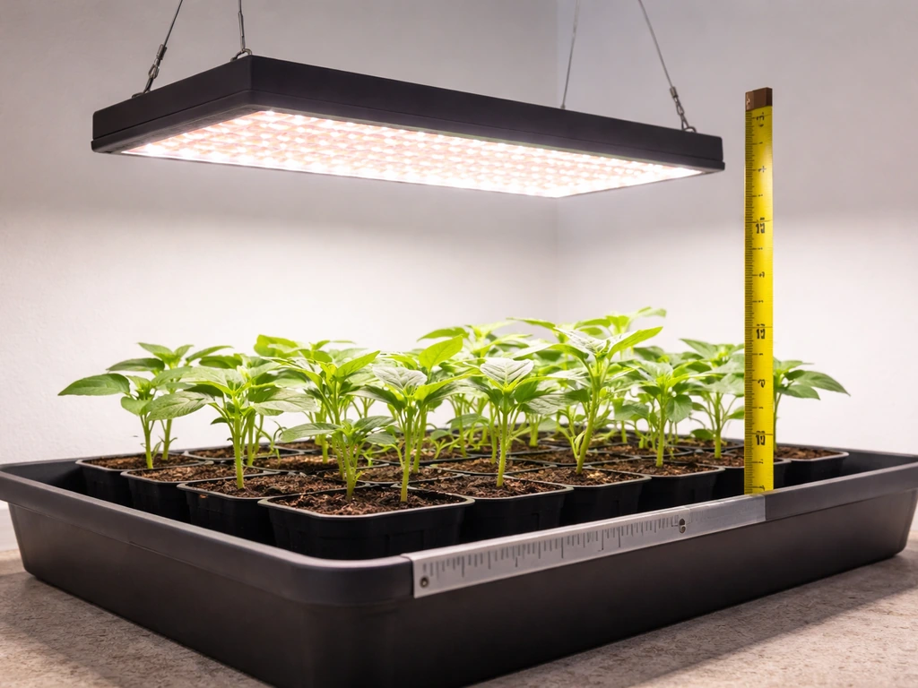 Seedlings under a full spectrum grow light with a tape measure reference showing light height above the canopy.