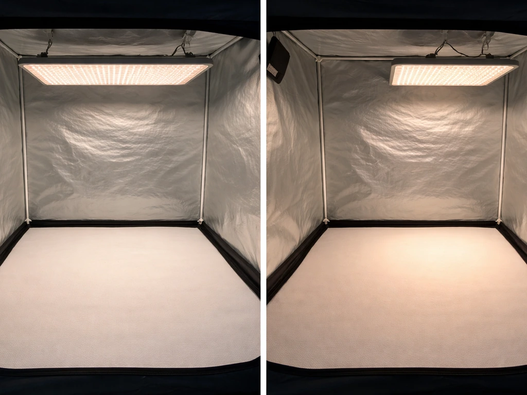 Top view of a grow light centered vs offset, showing even coverage on the left and a hotspot on the right.