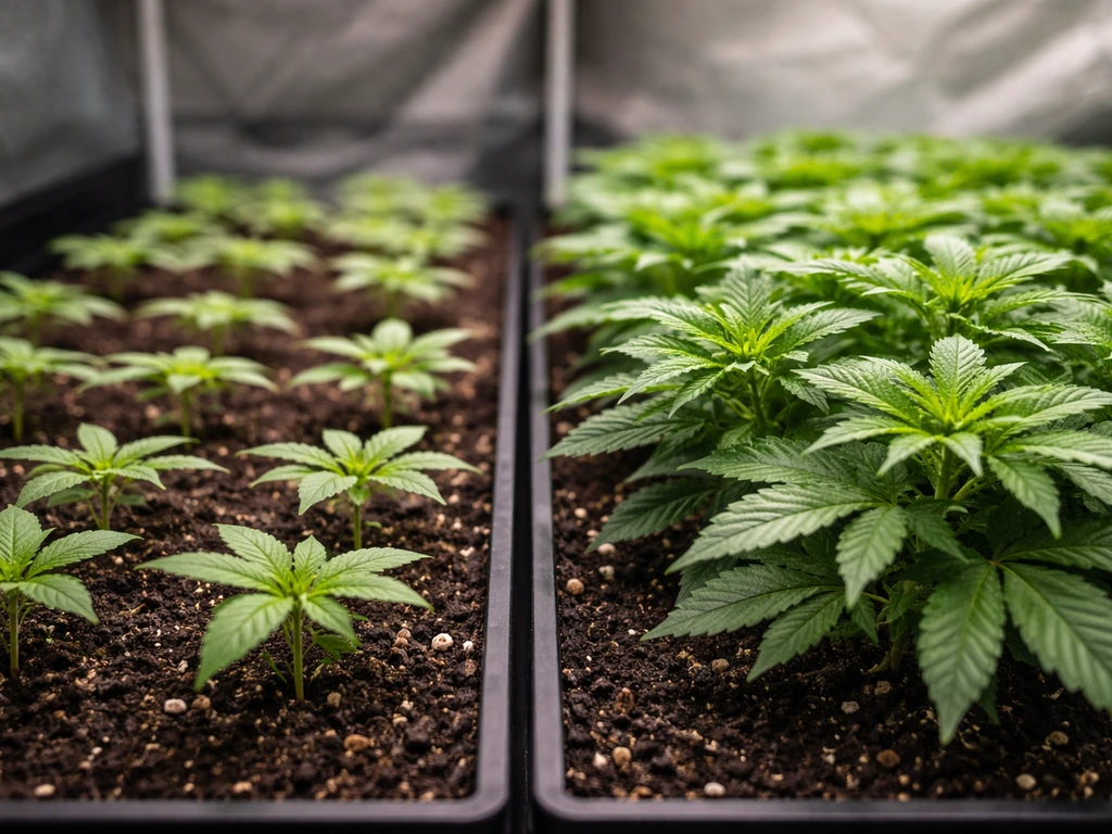 Close canopy of seedlings showing dim early stage vs brighter later stage in indoor grow lighting.
