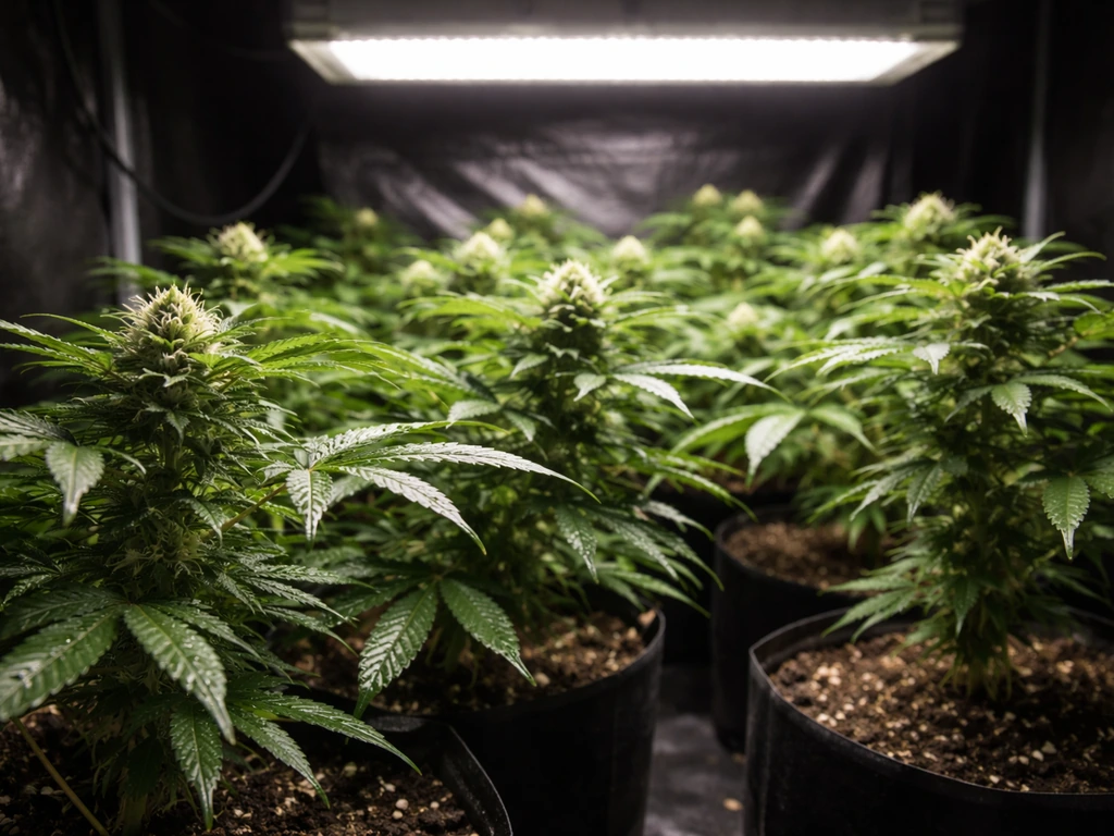 Flowering plants with dense canopy and visible buds under a lowered indoor grow light.