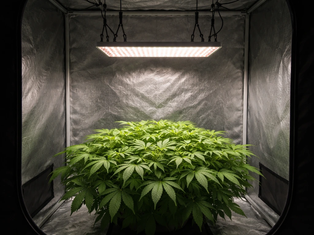 LED grow light hangs over a thriving plant canopy inside a minimal indoor grow tent.