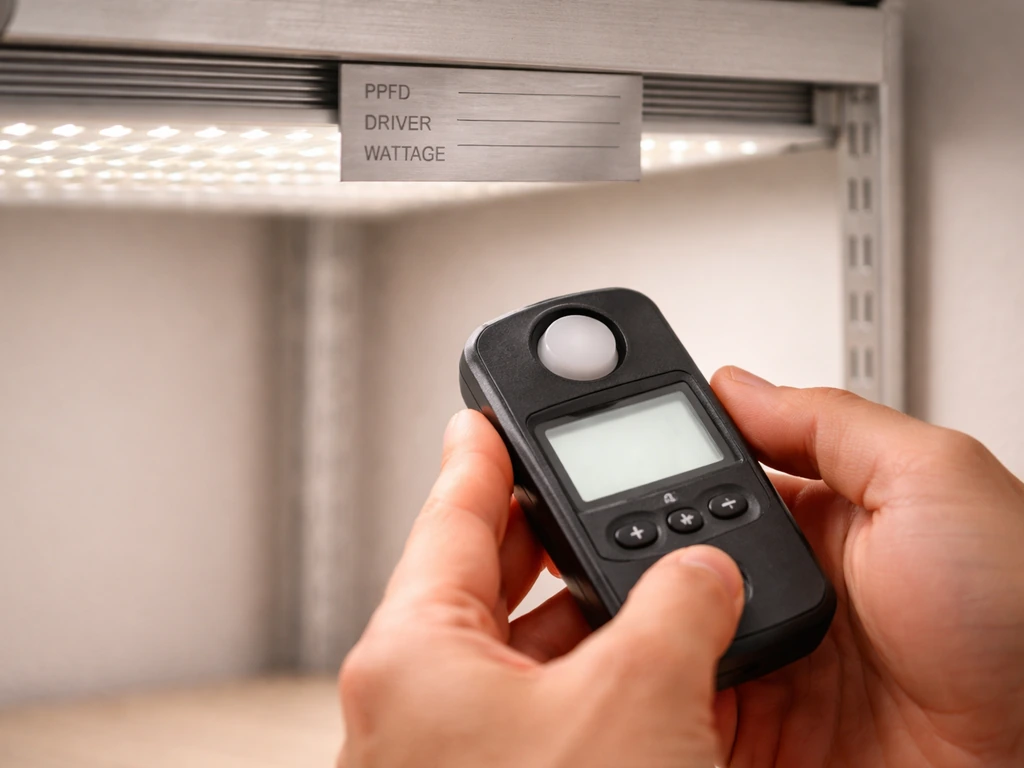 Close-up of an LED grow light spec label with PPFD/driver details while a person checks a small PAR/PPFD meter.