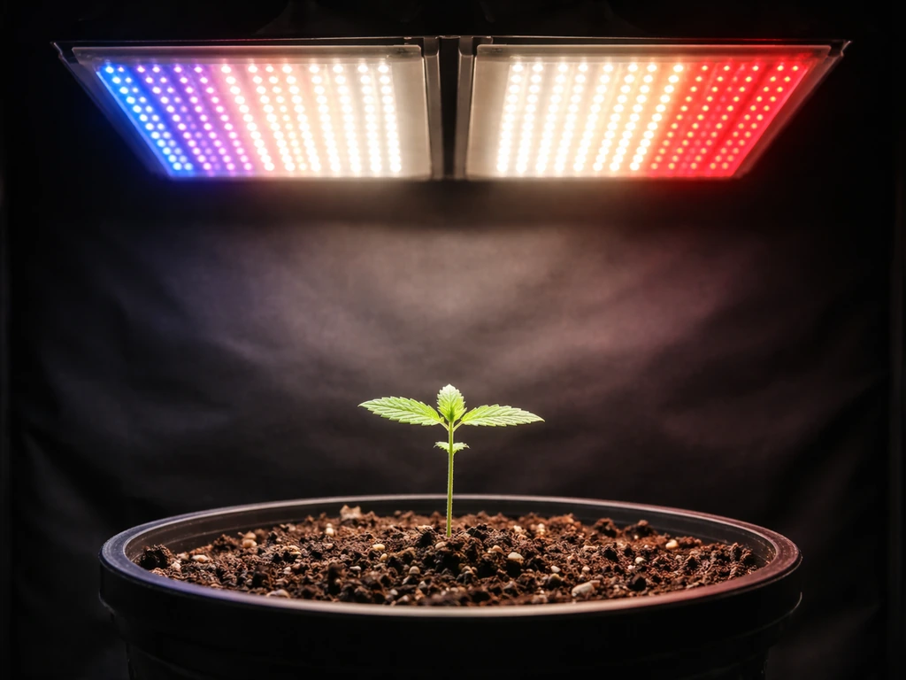Two full-spectrum LED grow panels cast blue, red, and white bands over a young seedling.