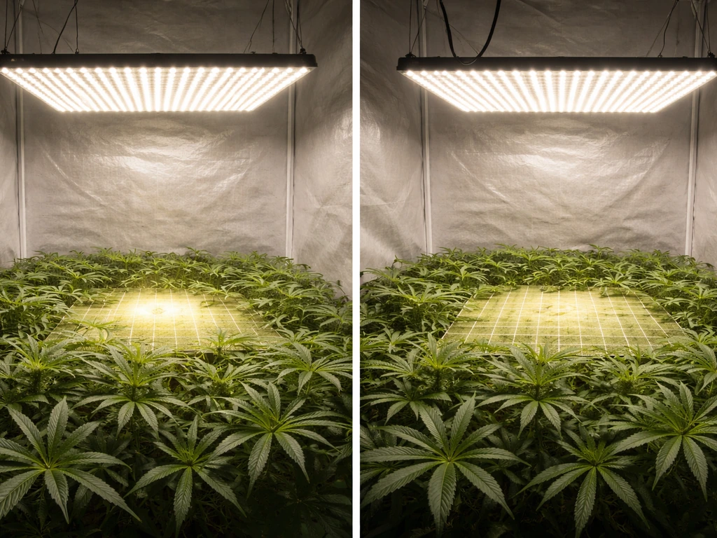Top-down view of an LED panel over plants showing a hotspot area and even coverage grid.