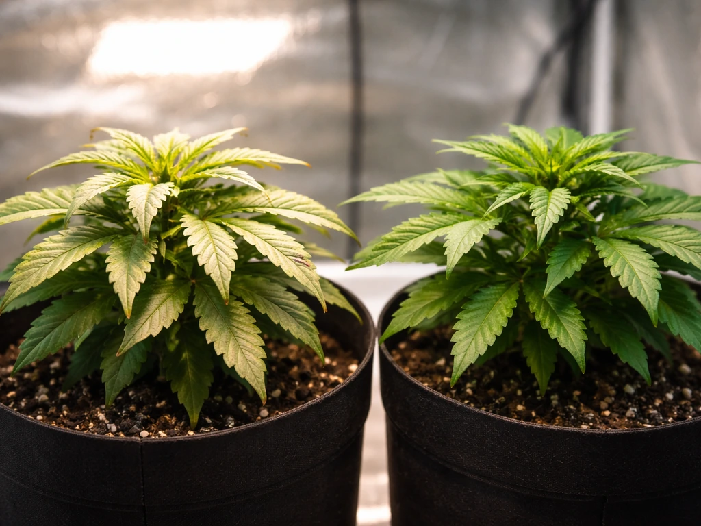 Two potted houseplants under grow lights: one bleached and taco-curling leaves near the bright lamp, one healthier