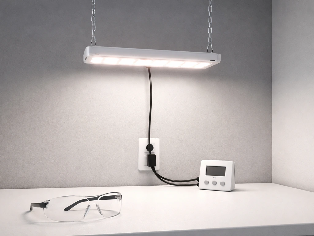 LED grow light setup with hanging hardware; eye protection and a timer/plug on a workbench for safe quick-start.