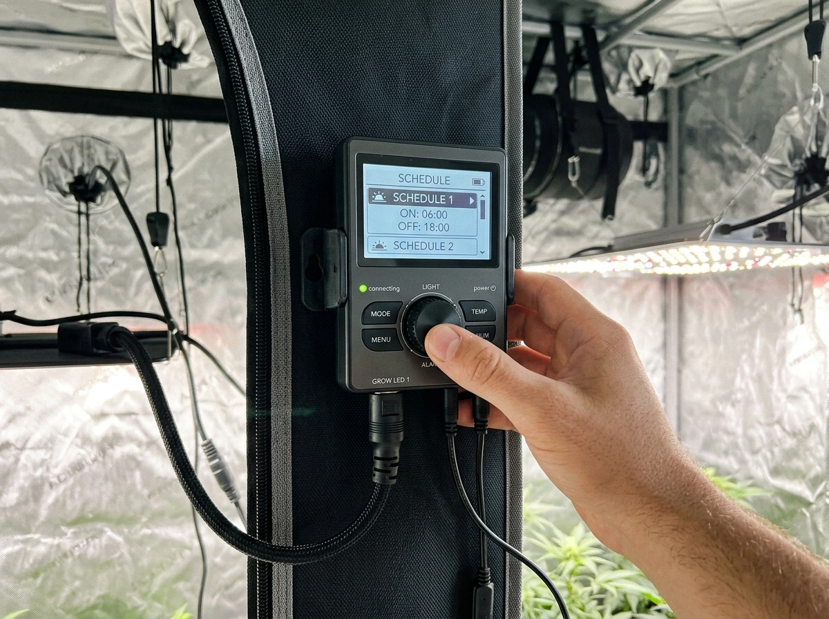 Controller UI showing selecting Schedule 1 mode on an LED grow light timer.