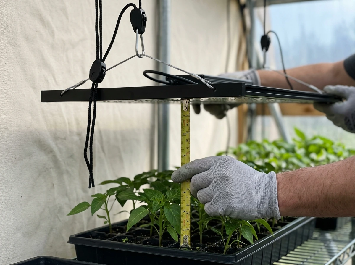 Tape measure measuring LED panel height above the plant canopy for Schedule 1 setup.