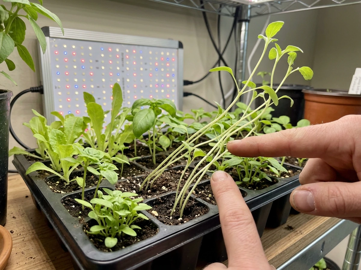 Seedlings stretching and leaning toward the LED light, indicating too little light.