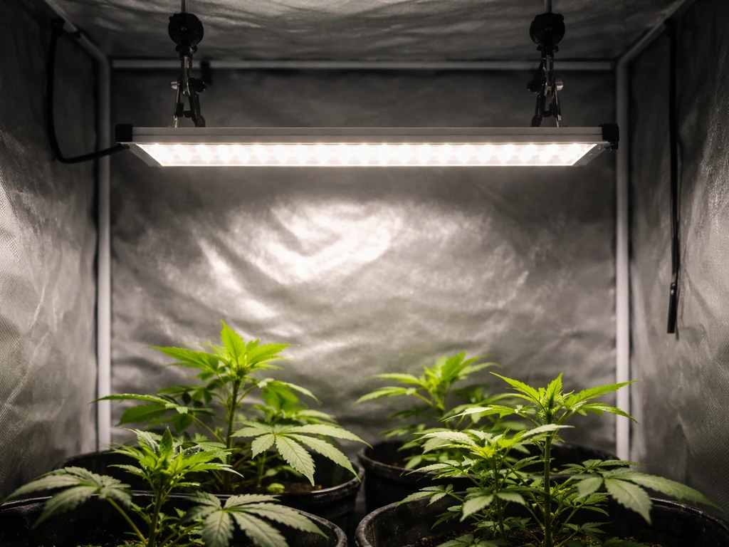LED grow light mounted in a small grow tent, lighting healthy plants with a ready setup feel