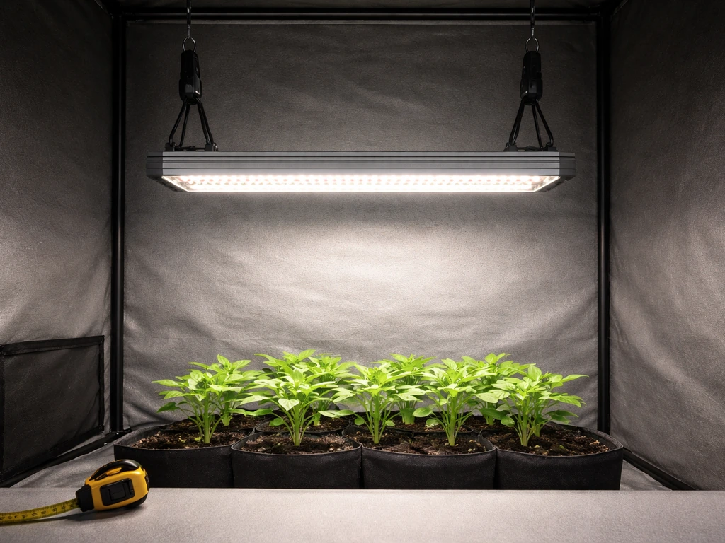 Grow light mounted above a healthy plant canopy at a carefully measured height in a clean indoor grow space