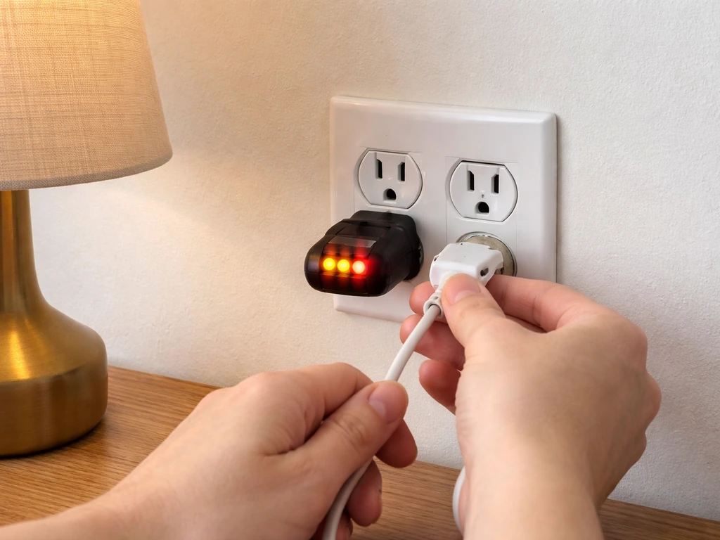 Hands checking a wall outlet with a plug-in tester while unplugging a lamp to bypass a timer.
