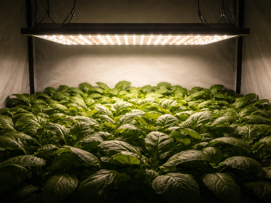 Indoor plant grow canopy with a brighter center and dimmer edges under uneven light coverage.